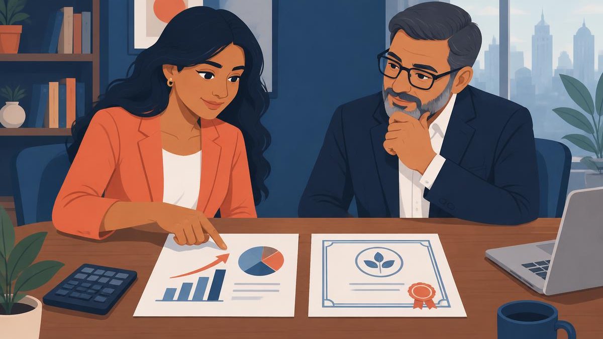 Indian woman founder and an angel investor comparing a convertible note and an equity share document at a table