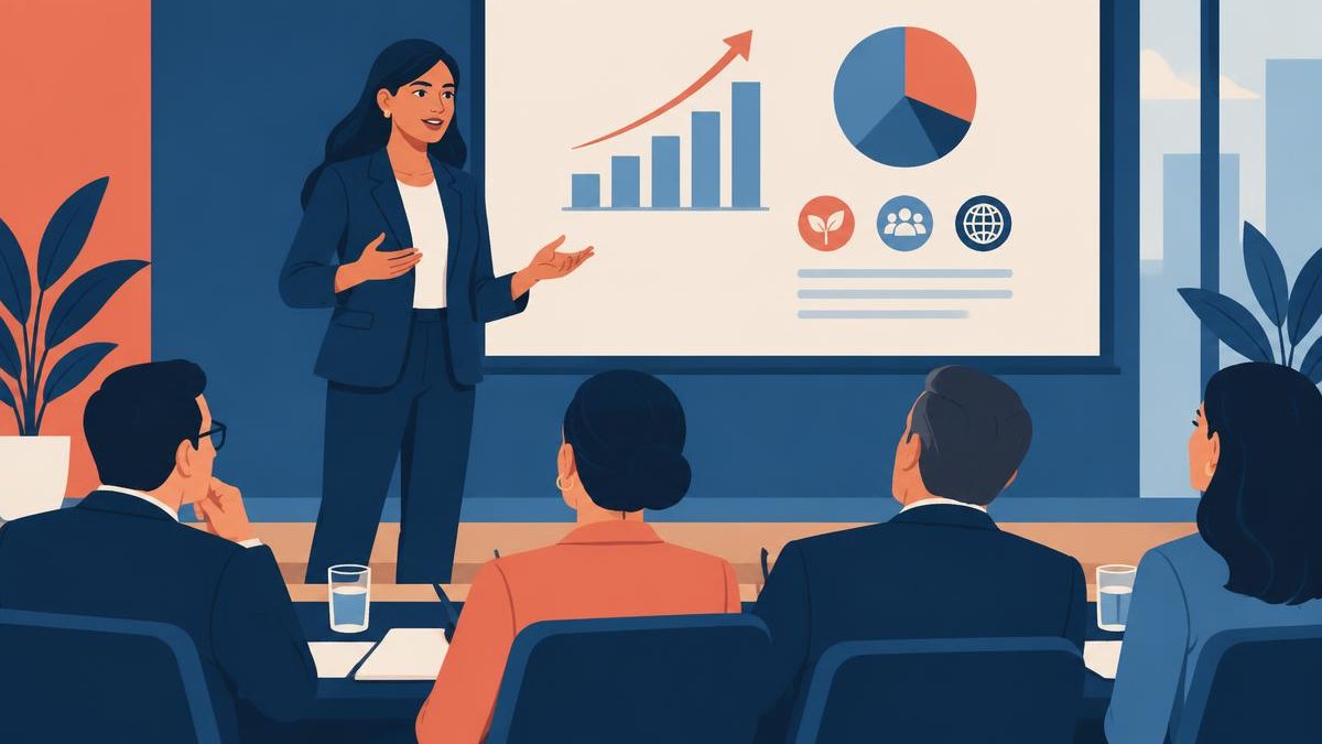 Founder presenting a pitch deck to a group of investors.