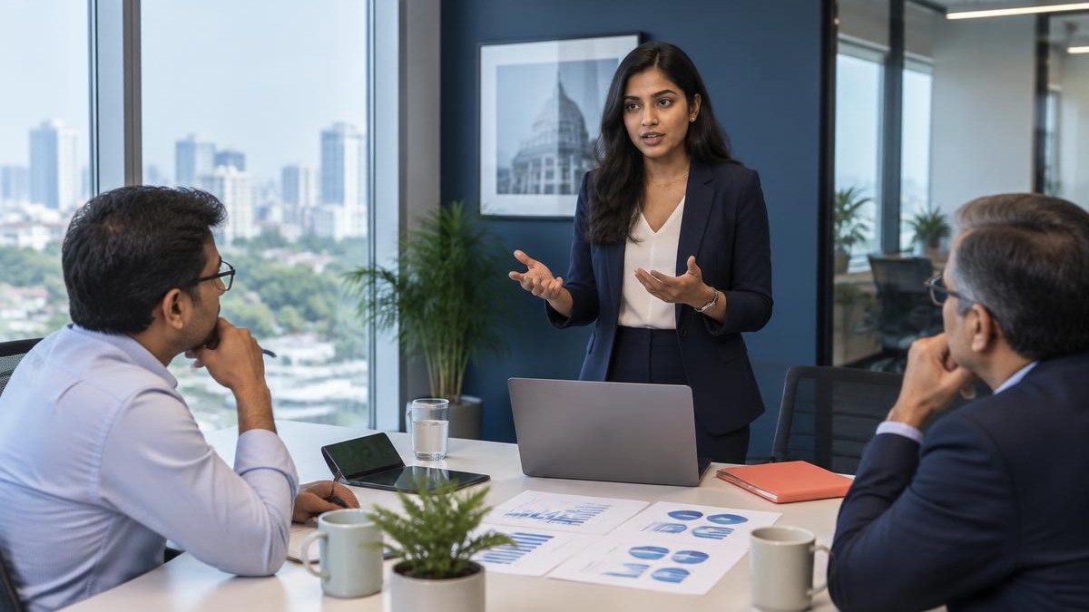 Indian startup founder presenting to investors during a pitch meeting