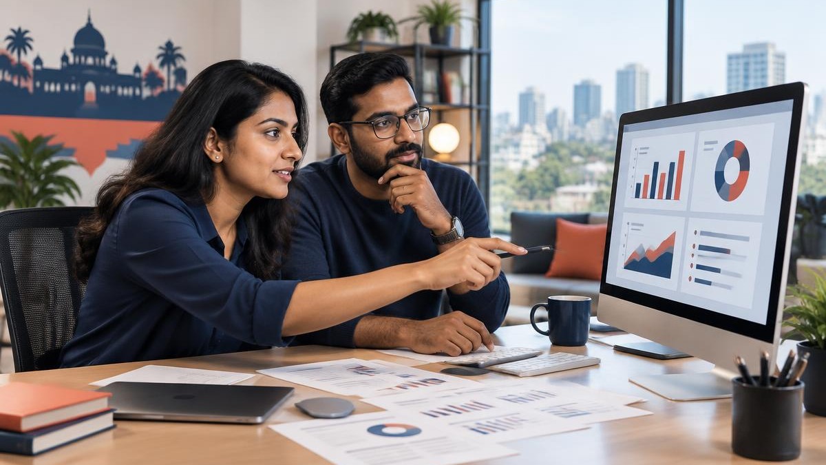 Two Indian startup founders reviewing an investor pitch deck with charts in a Bengaluru workspace