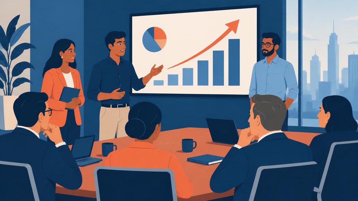 Startup team reviewing growth metrics ahead of a Series A pitch.