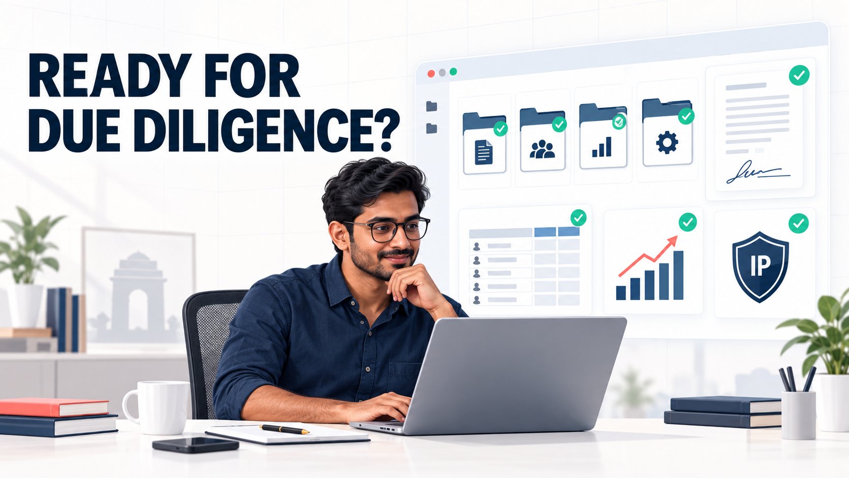 Indian founder using a startup due diligence checklist to organise financial, legal, cap table, contract and intellectual property records