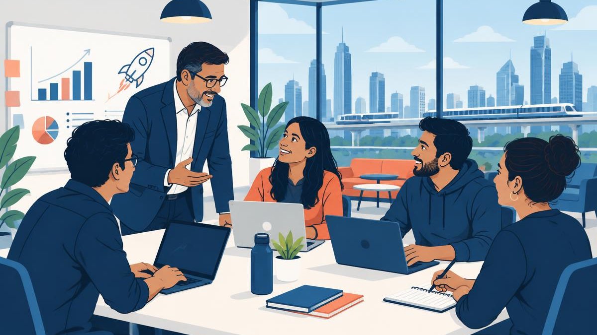 Founders working with a mentor at a startup incubator in Noida, Delhi NCR.