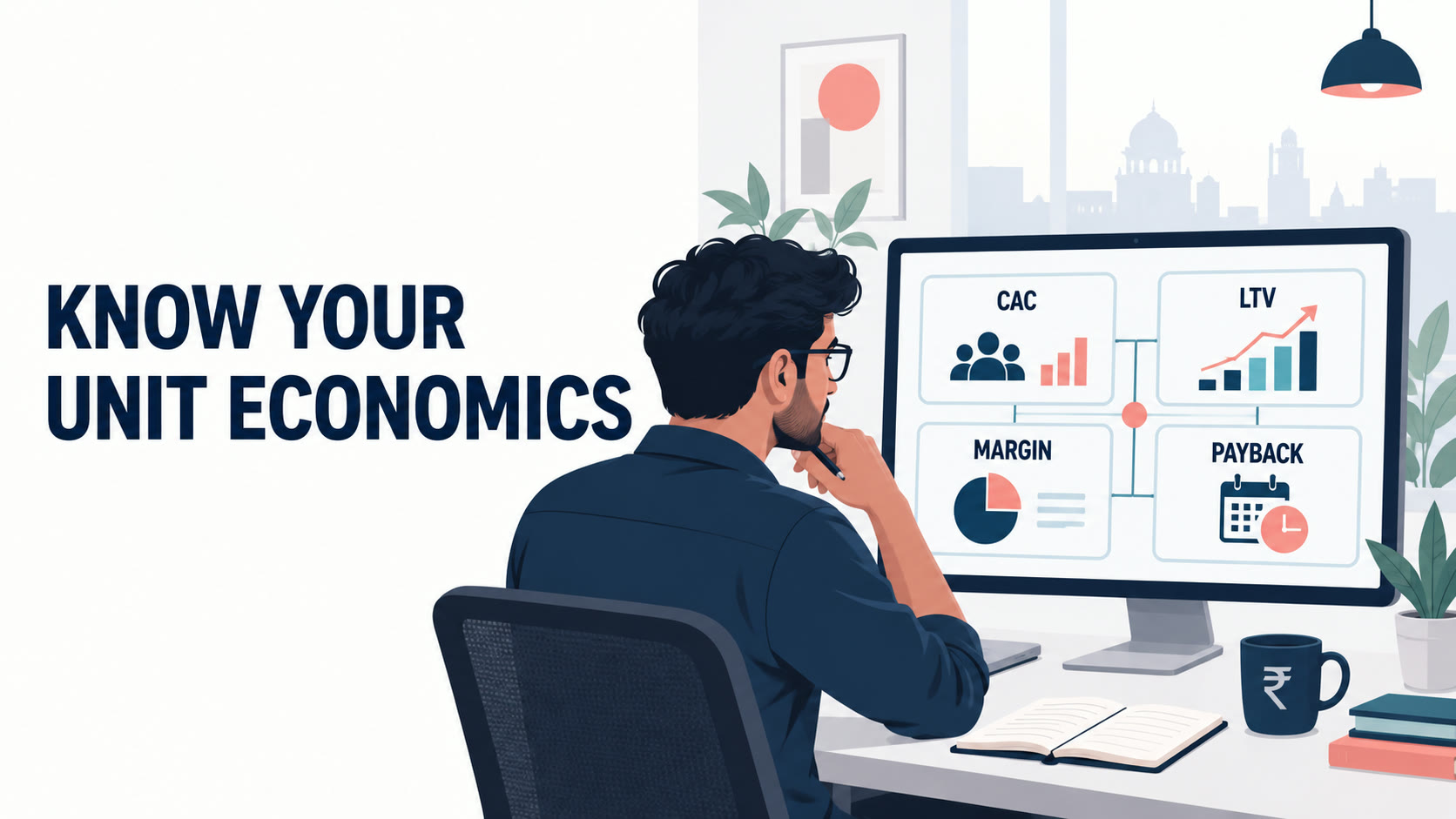 Startup unit economics with CAC, LTV, contribution margin and payback formulas