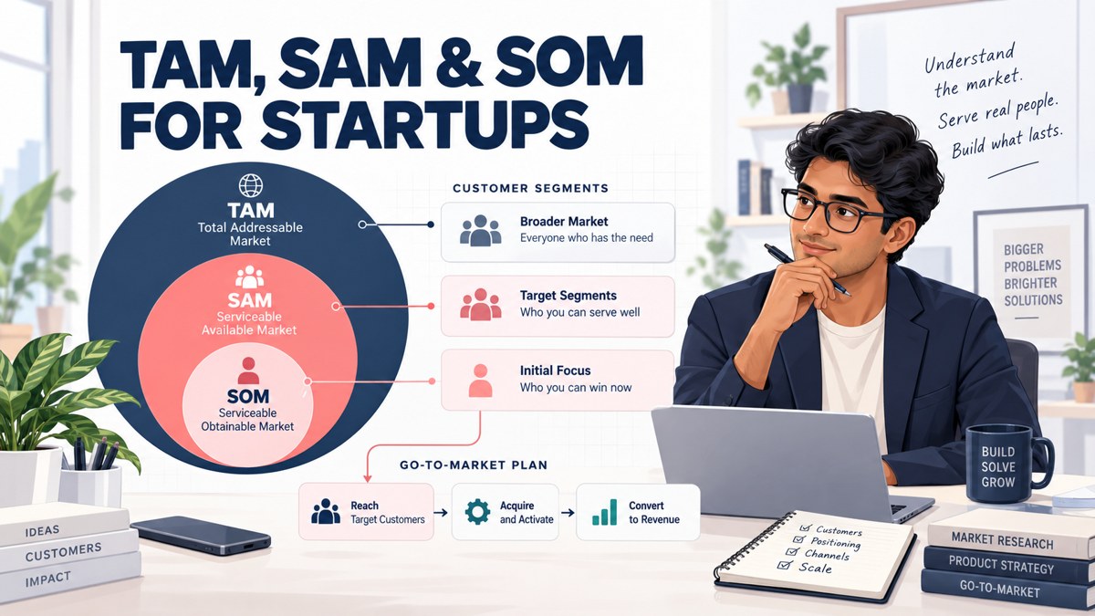 Indian founder calculating TAM SAM SOM to estimate a realistic startup market size and reachable customer opportunity.