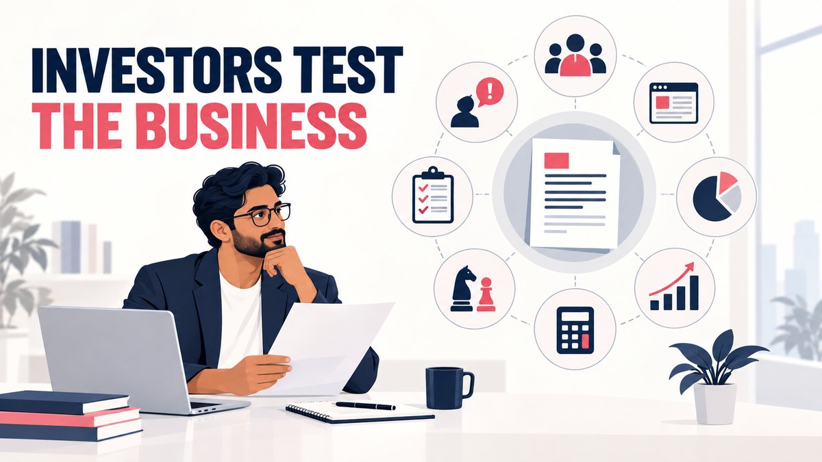 Startup investment criteria checklist showing market opportunity, revenue growth, customer traction, business model and more/
